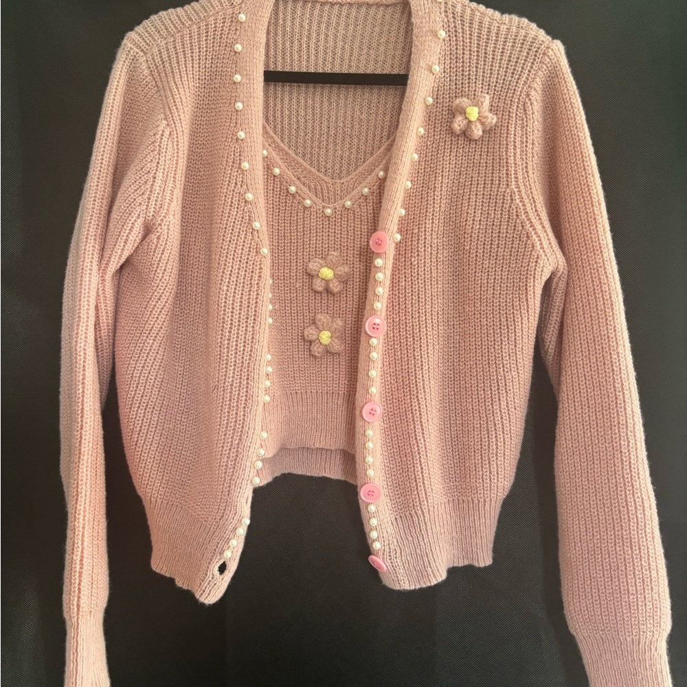 Pink Pearl-Embellished Women's Sweater Set